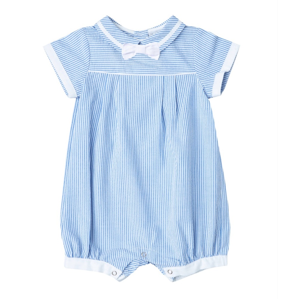 FANTAISIE BEBES NWT Classic Heirloom Blue Striped Seersucker Bowtie Romper